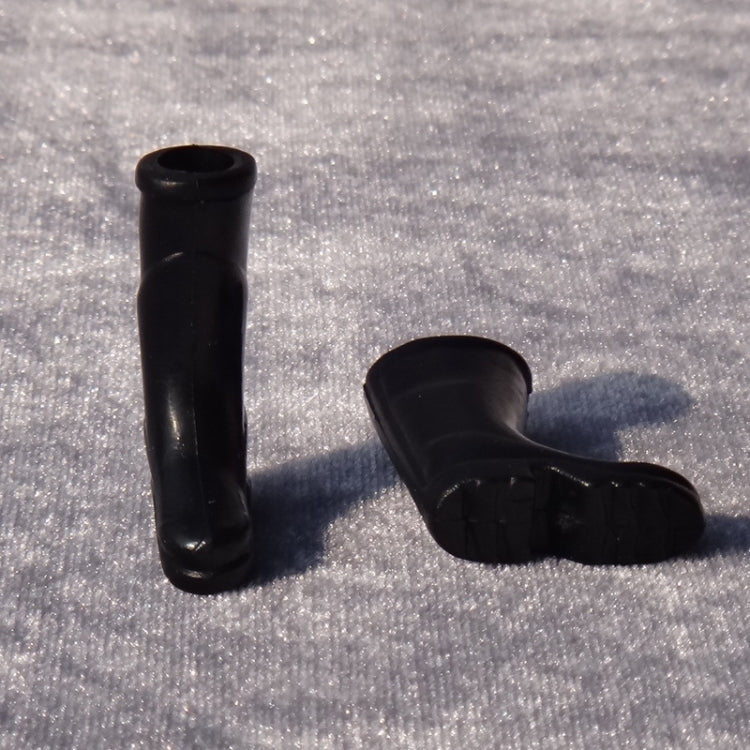 Mini long tube rain boots, black plastic, one upright and one side view
