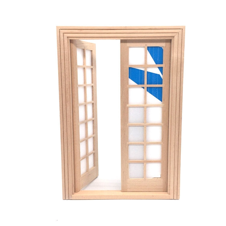 Mini dollhouse double door with window grid panels and blue glass inserts