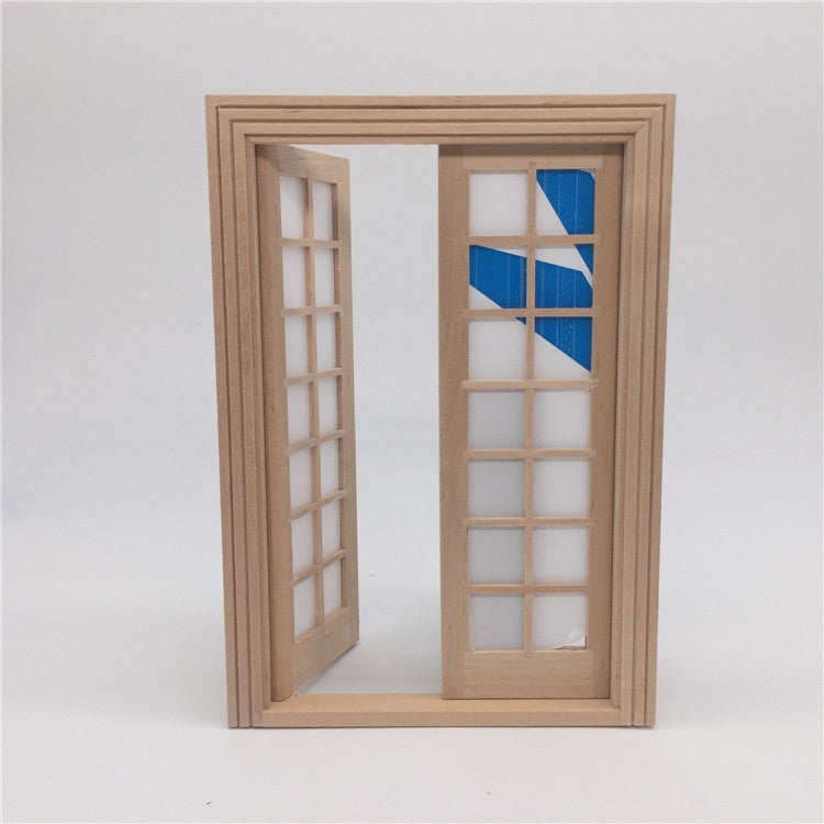 Mini dollhouse double door with window grid panes and blue glass inserts