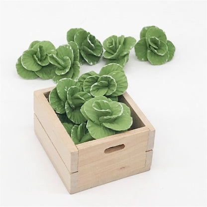 Mini cabbage toy pieces in wooden crate, green faux cabbages set