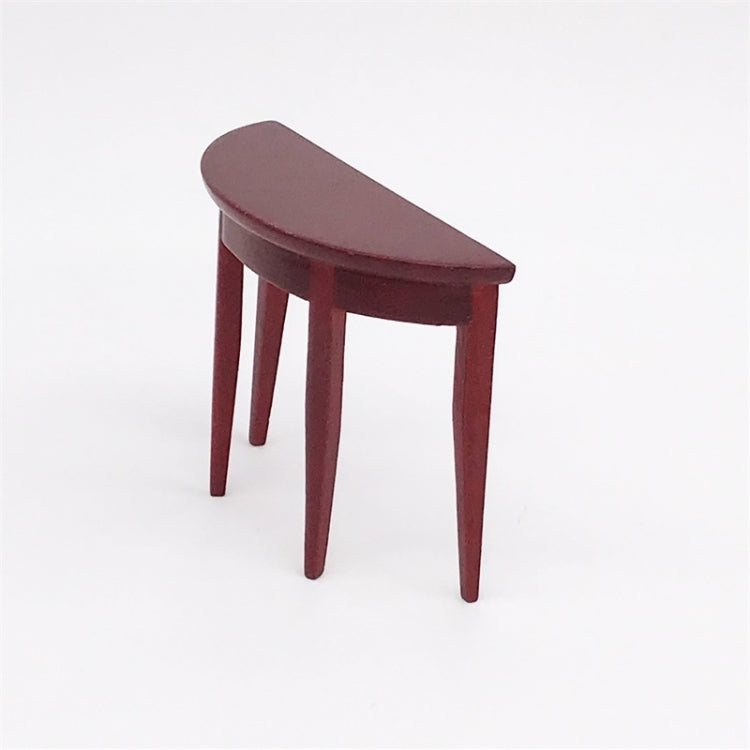 Dollhouse mini semicircular porch table in dark mahogany wood, angled view, four legs