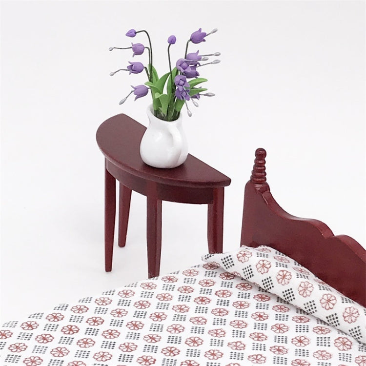 Dollhouse mini semicircular porch table with dark mahogany finish and flower vase centerpiece