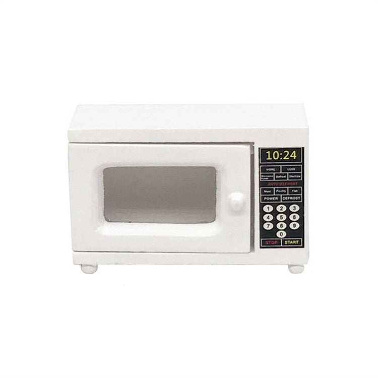 White 1:12 scale model microwave oven with glass door and number keypad panel