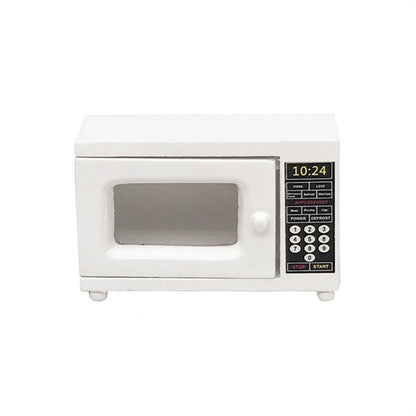 White 1:12 scale model microwave oven with glass door and number keypad panel