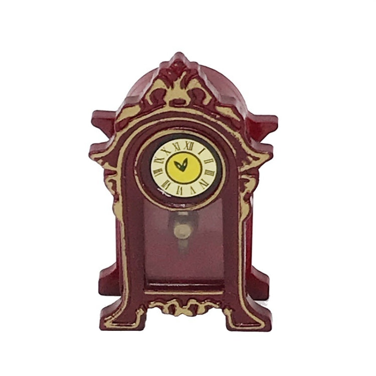 Mini vintage toy clock with arched burgundy cabinet and golden trim, round clock face
