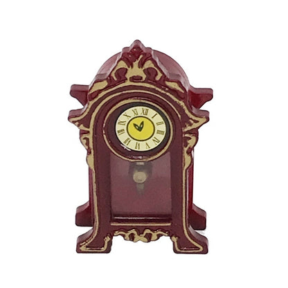 Mini vintage toy clock with arched burgundy cabinet and golden trim, round clock face