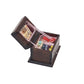 Mini wooden sewing box toy open sideways, showing thread spools and sewing notions