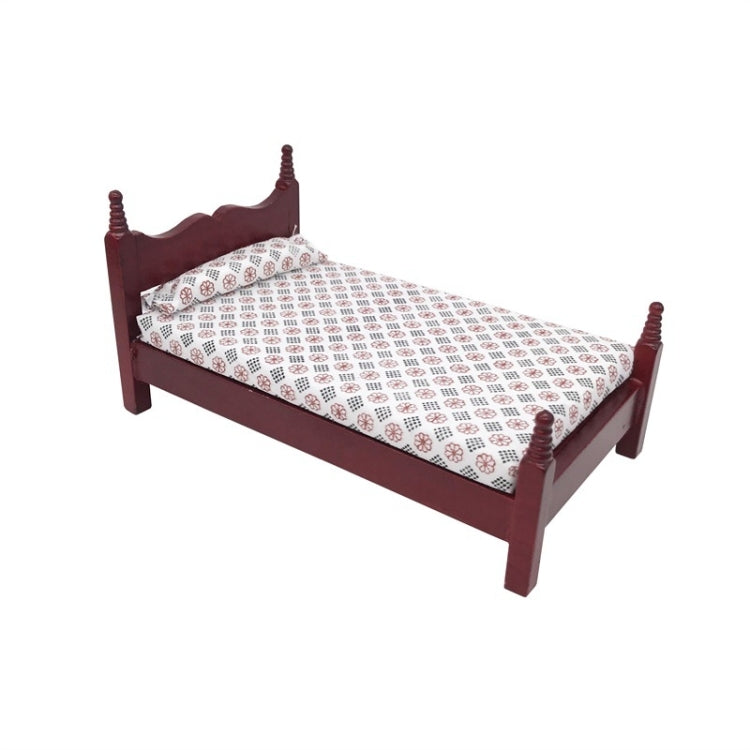 Mini dollhouse single bed toy with dark maroon frame and patterned white mattress