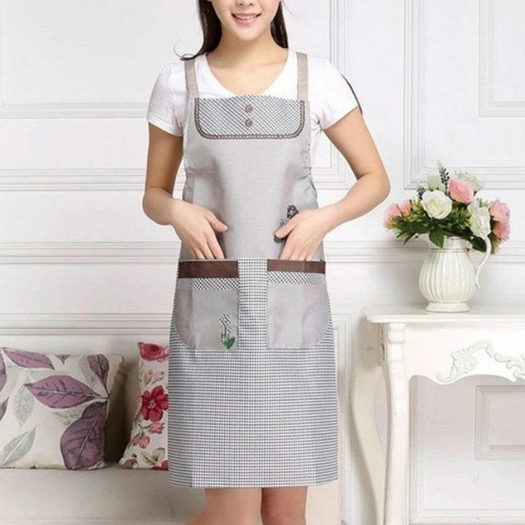 Adult waterproof sleeveless apron in coffee-gray with grid pattern, double front pockets