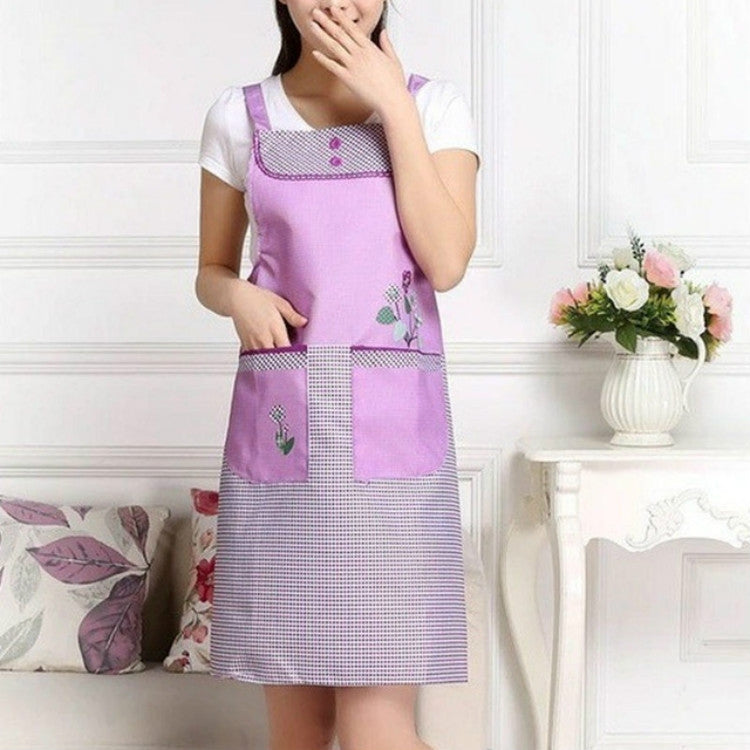 Adult waterproof sleeveless apron in purple with grid patch pockets and floral embroidery