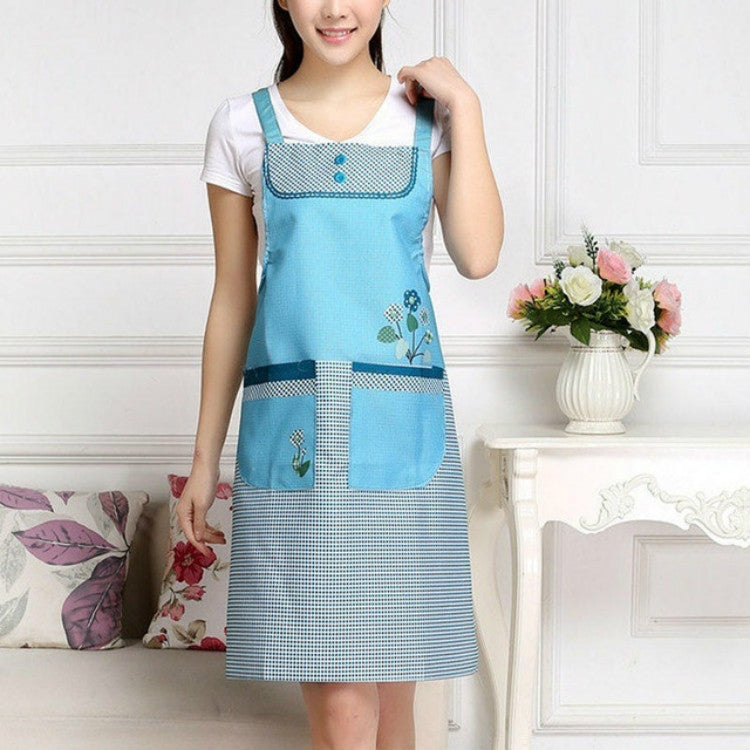 Adult waterproof sleeveless apron in blue with grid patch pockets and floral embroidery