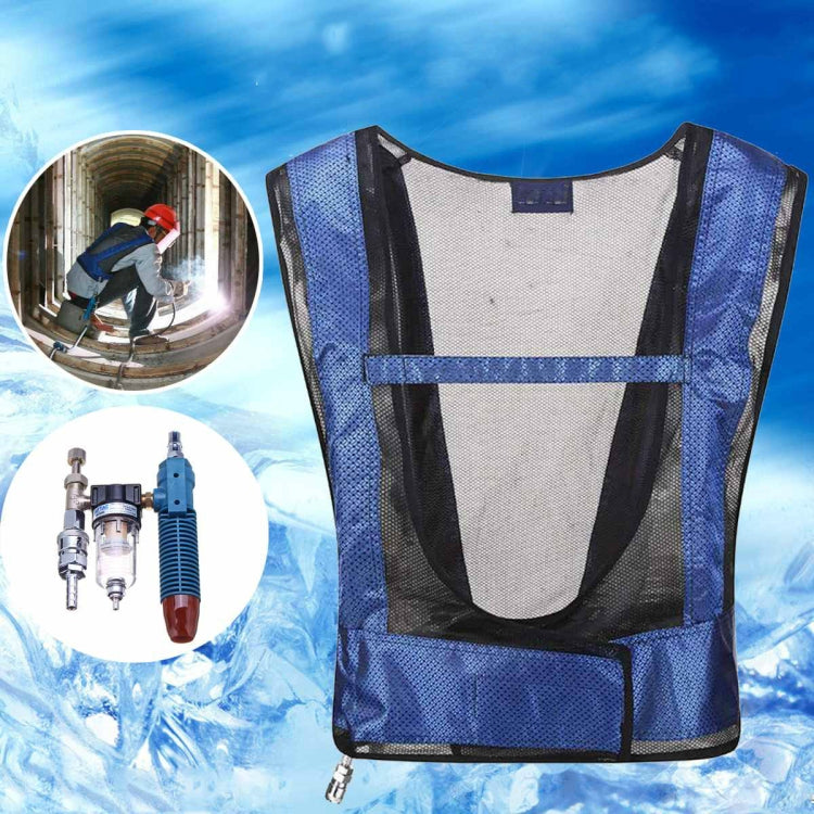Blue mesh cooling vest with black panels and inset cooling module