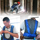Blue mesh cooling air vest worn on torso with black trim and back panel