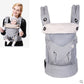 Space gray multifunctional baby carrier, front view with padded waistband and straps