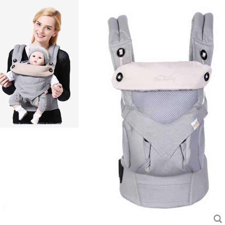 Space gray multifunctional baby carrier, front view with padded waistband and straps