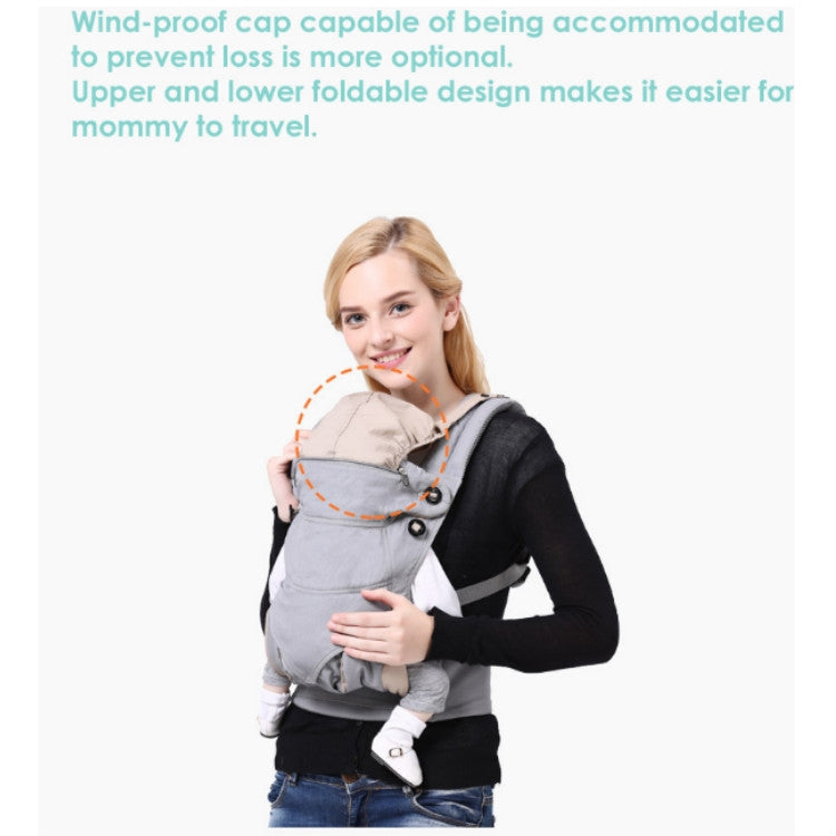 Gray multifunctional baby carrier worn facing inward with padded straps and waist belt