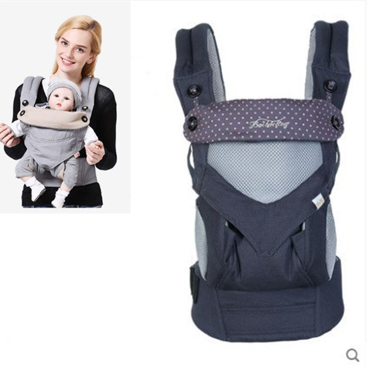 Navy blue dotted multifunctional baby carrier with light gray mesh panel and front straps