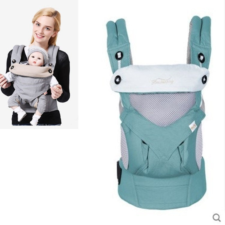 Teal multifunctional baby carrier with light gray mesh panel and adjustable shoulder straps