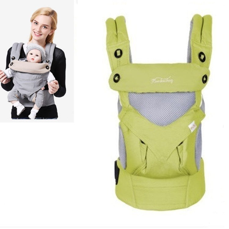 Olive green baby carrier with padded shoulder straps and front pouch pocket