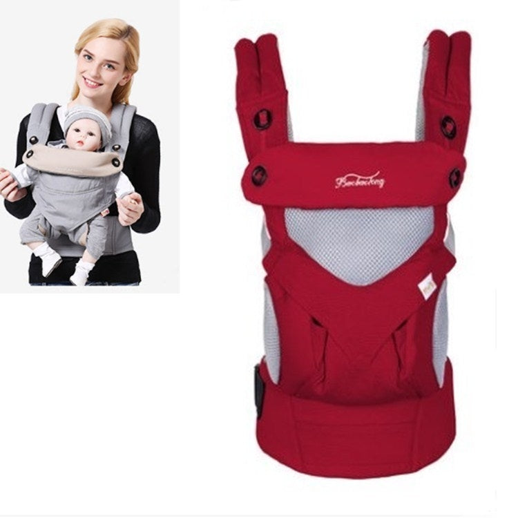 Red baby carrier with padded shoulder straps and front panel hood pocket