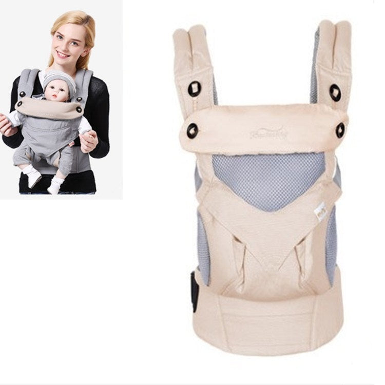 Beige baby carrier with padded shoulder straps and front pouch for baby support