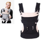 Black baby carrier with padded shoulder straps and front wrap-style pouch