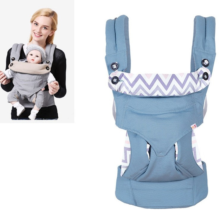 Light blue baby carrier with patterned front panel and padded shoulder straps