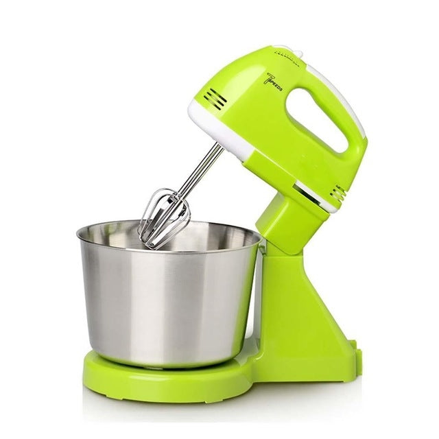 Electric hand mixer with stand, green head and stainless steel mixing bowl