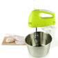Electric hand mixer with stand, green head and stainless mixing bowl with beaters