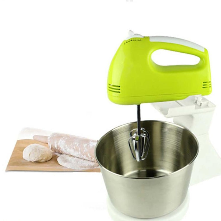 Electric hand mixer with stand, green head and stainless mixing bowl with beaters