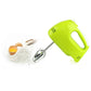 Electric hand mixer with stand, green head; beaters and baking ingredients on tray