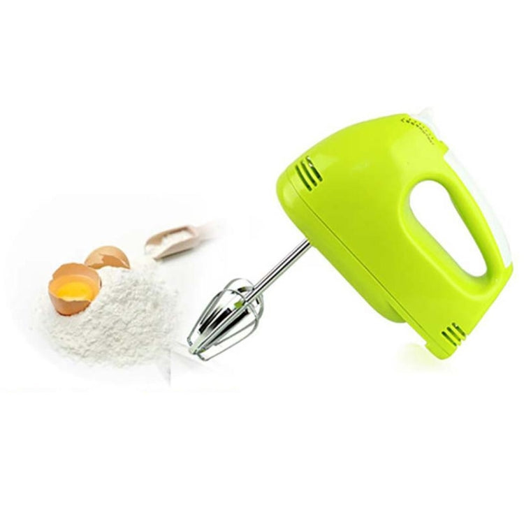 Electric hand mixer with stand, green head; beaters and baking ingredients on tray