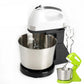 Electric hand mixer with stand, white/black base, green mixer attachment and stainless bowl