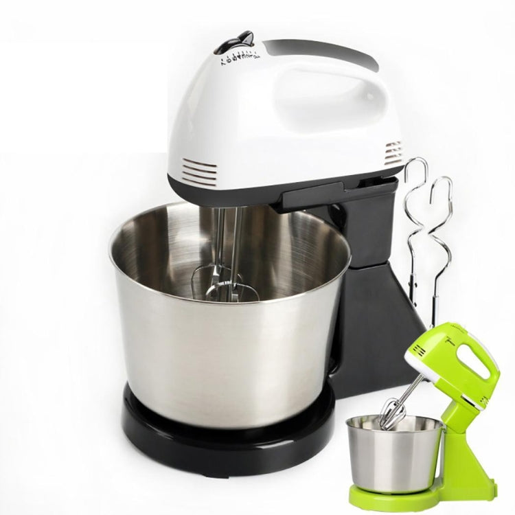 Electric hand mixer with stand, white/black base, green mixer attachment and stainless bowl