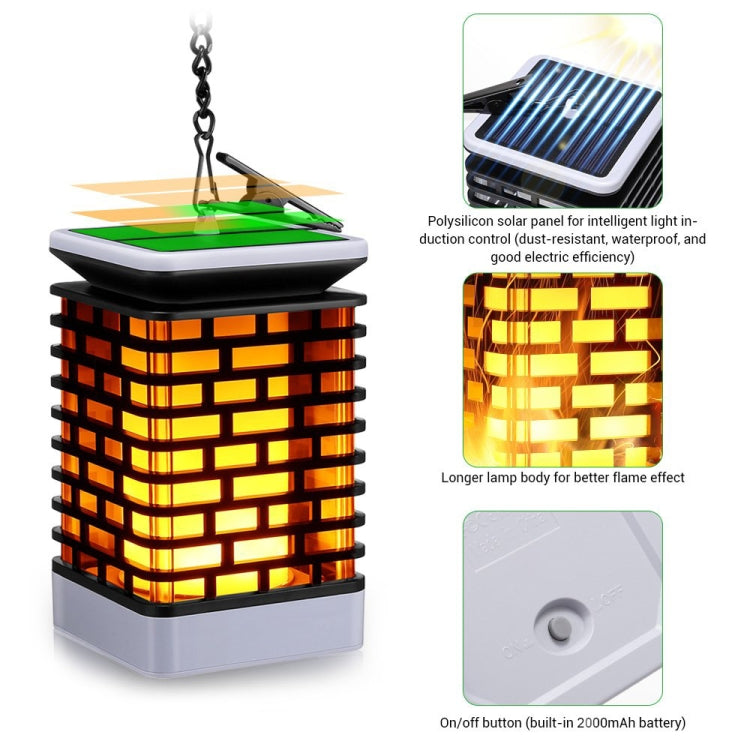Hanging solar lantern with warm flame-style LED glow through square grid and solar panel