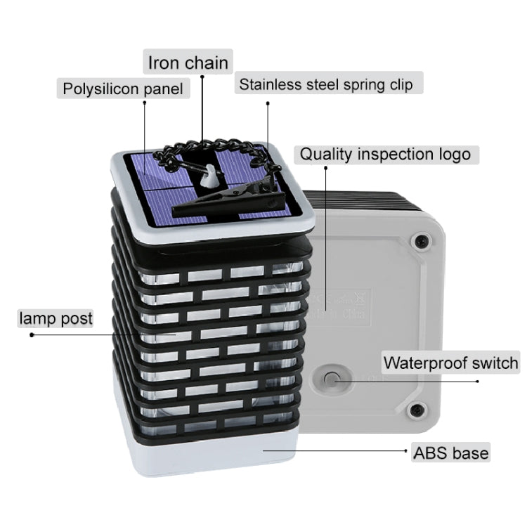 Square solar lantern with hanging iron chain, polysilicon panel, ABS base, and waterproof switch