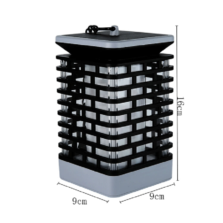 Compact square solar lantern light with black grid sides, gray base, and solar panel top