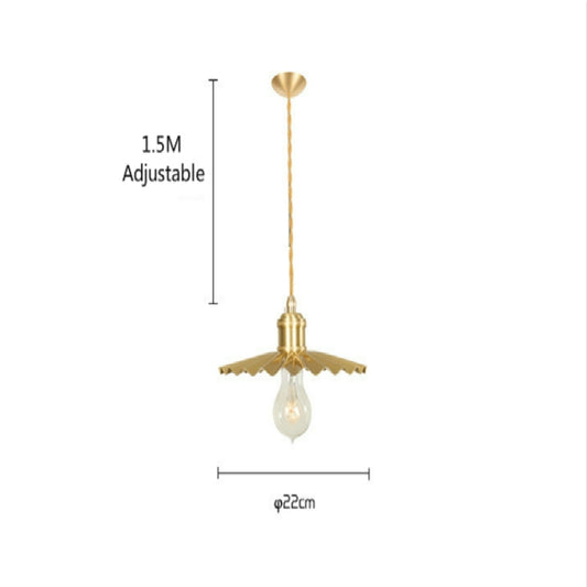 Adjustable brass pendant light with pleated shade and exposed clear bulb, 22 cm width