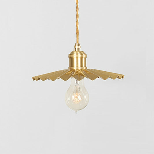 Brass pendant light with pleated shade and exposed clear bulb, single candelabra head
