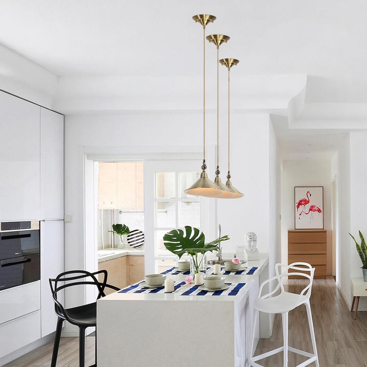 Copper pendant light shades with hanging cords and ceiling mounts