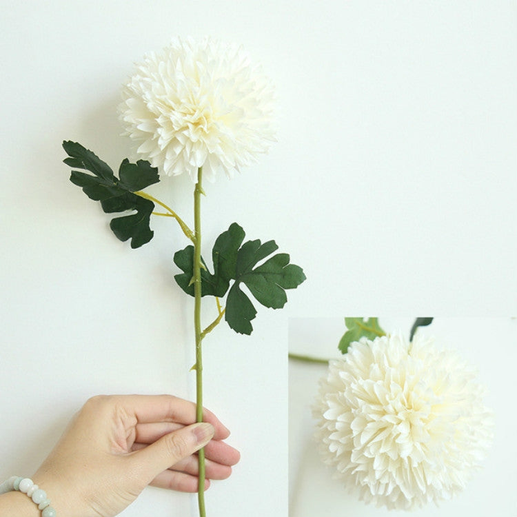 Simulated dandelion flower stem with milky white ball blooms and green leaves