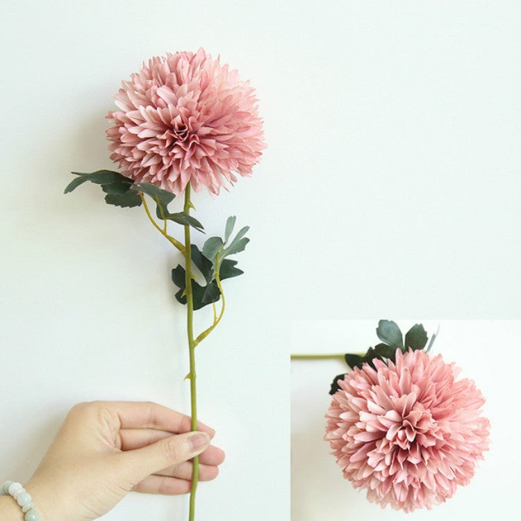 Blush pink dandelion-style simulation flower ball with green stem and leaves