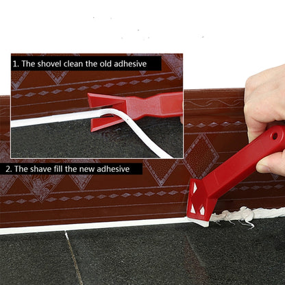 Red floor scraper tool with white cleaning blade, for removing adhesive residue