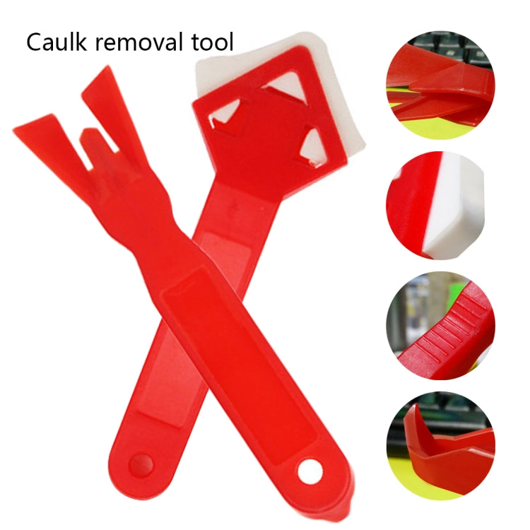 Two red caulk removal and adhesive scraper tools, interchangeable edges set