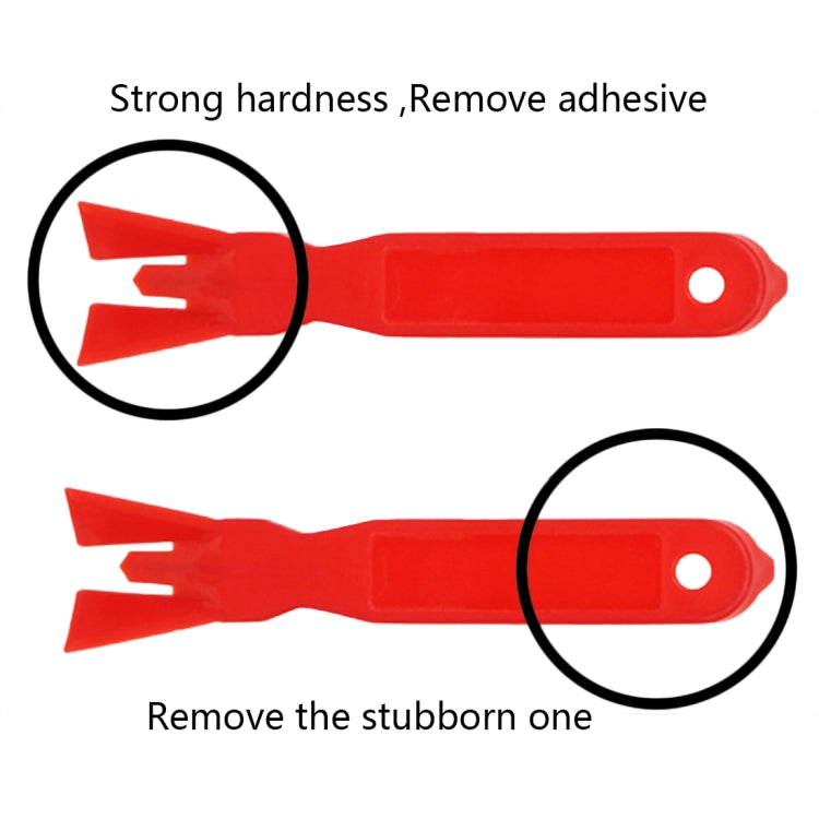 Red adhesive removal scraper tool with angled blade for stuck residue