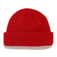 Red ribbed knit beanie with folded cuff and small top knot detail