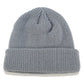 Light gray ribbed knit beanie with folded cuff and small top knot detail