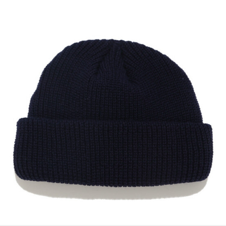 Navy rib-knit short winter skullcap beanie, fold-up cuff