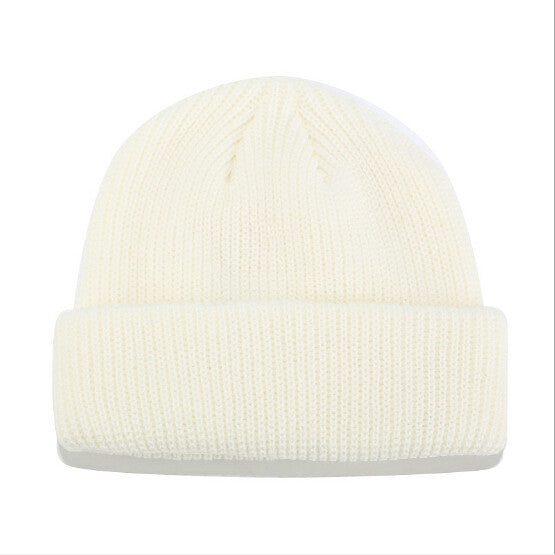 White rib-knit short winter skullcap beanie, fold-up cuff