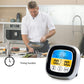 Digital touch barbecue thermometer with black housing, silver frame, and blue/yellow screen display